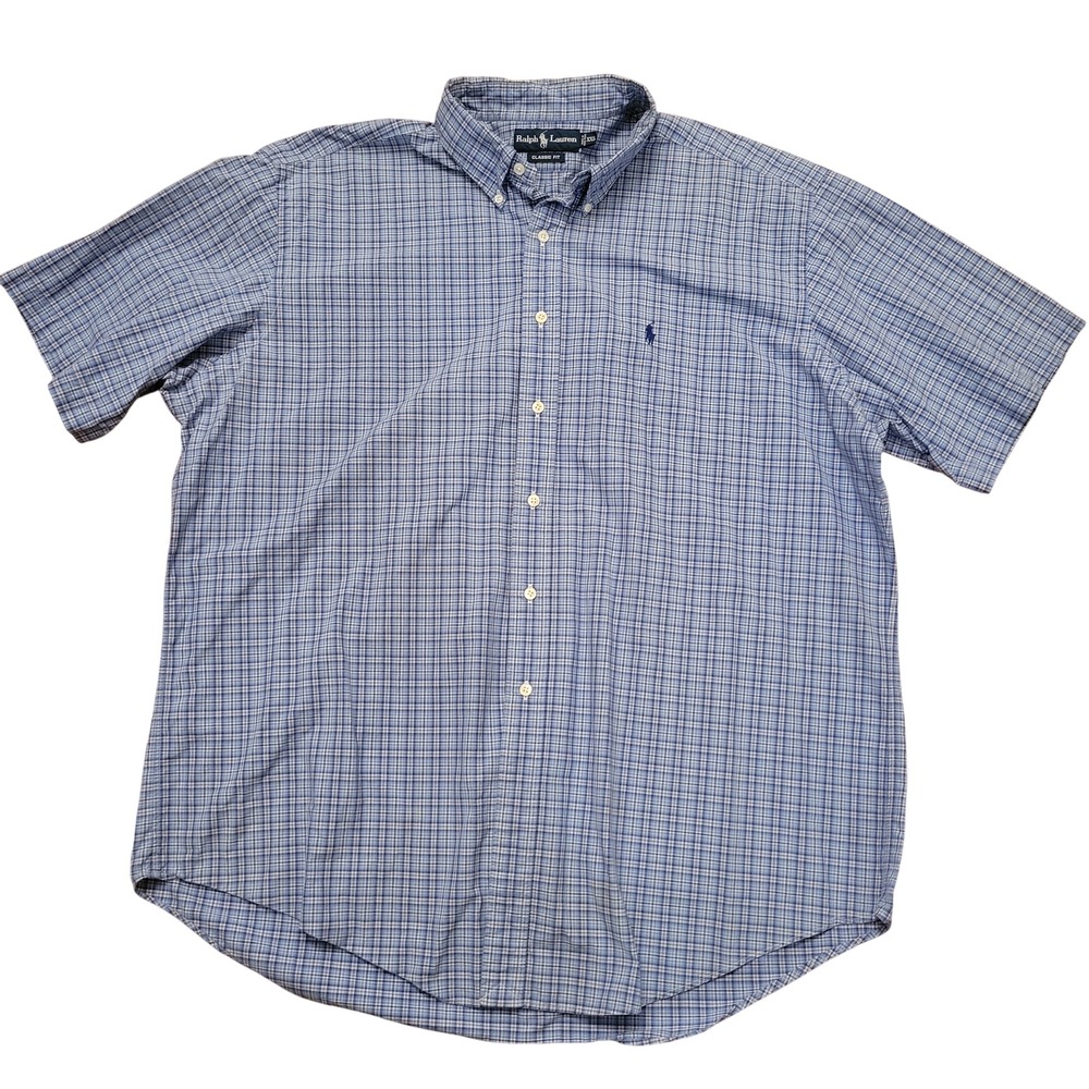 Ralph Lauren XXL Shirt Blue Plaid Short Sleeve Cotton Classic Fit Preppy Coastal